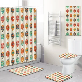

Skull Figure Bathroom Shower Curtain Mat Toilet Cover Mat Non-Slip Kitchen Pad Five-Piece Carpet