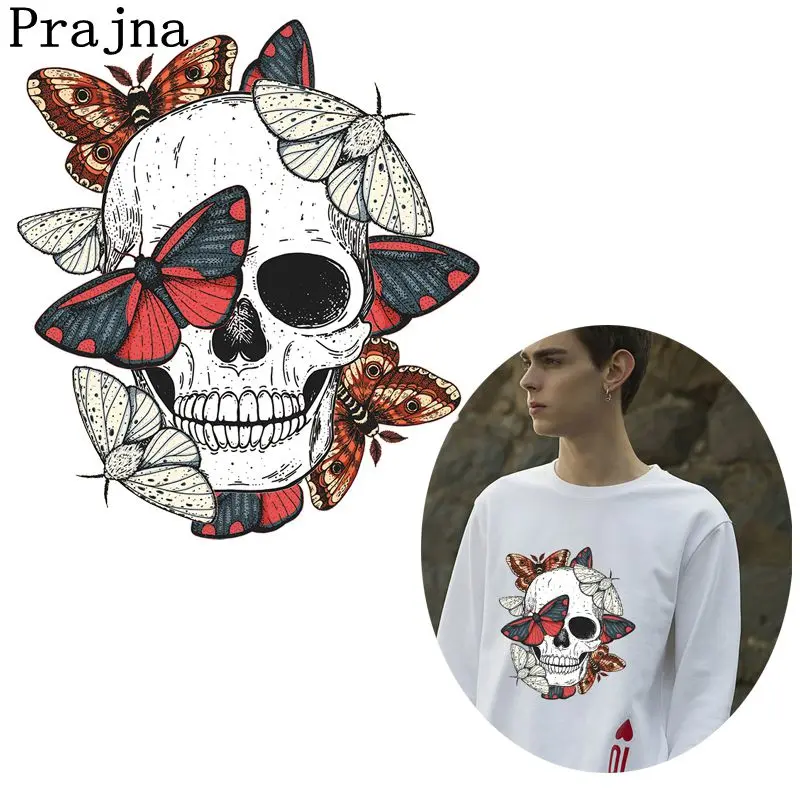 

Prajna Skull Butterfly Iron On Transfers Vinyl Punk Heart Heat Transfers For Clothing Thermal PVC Ironing Stickers Applique DIY