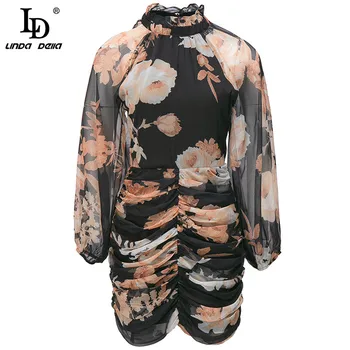 

LD LINDA DELLA Fashion Runway Designer Autumn Women Vintage Lantern sleeves Pleated Printed Chiffon Mini Dress Female Vestidos