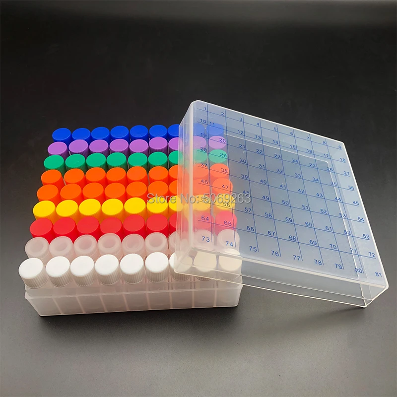 81 Pieces/Lot Plastic 1.8mL Freezing Tube + One piece 80 vents Freezing Tube Storage Box with Number