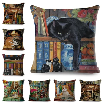 Funda de cojín con estampado de gato para decoración del hogar, funda de almohada de lino con estampado de animales para sofá de dibujos animados, coche, 45x45cm