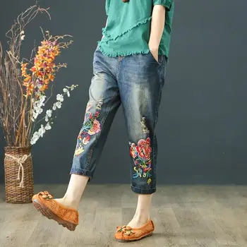 

Autumn Women Embroidered Ripped Retro Jeans Ladies Elastic Waist Bleached Vintage Denim Trousers Pattern Embroidery Jeans