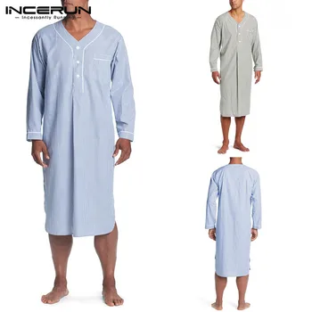 

2020 Men Fashion Striped Sleep Robes Long Sleeve V Neck Buttons Nightclothes Man Casual Pockets Breathable Pajama Bathrobes 5XL