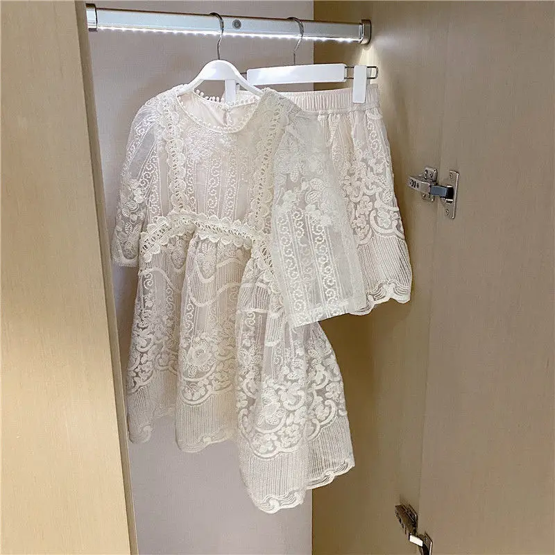 Shorts T-shirt 2-Piece Sets Women Temperament French Style Casual Soft All-match Loose Sweet Breathable Fashion Summer New Lace midi skirt co ord