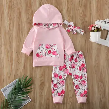 

UK Infant Baby Kid Girl Flower Hooded Tops + Pants + Headband Cotton Clothes Set