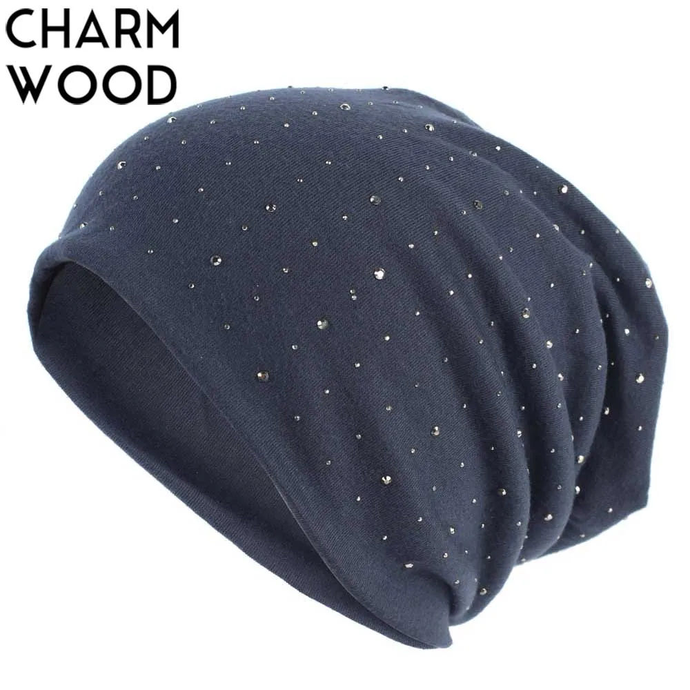 Diy Rhinestones Women Beanie Hat Girls Plain Cotton Beanies Ladies Knitted Slouchy Hats Bonnet Solid Color Female Balaclava 2