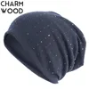 Diy Rhinestones Women Beanie Hat Girls Plain Cotton Beanies Ladies Knitted Slouchy Hats Bonnet Solid Color Female Balaclava 2