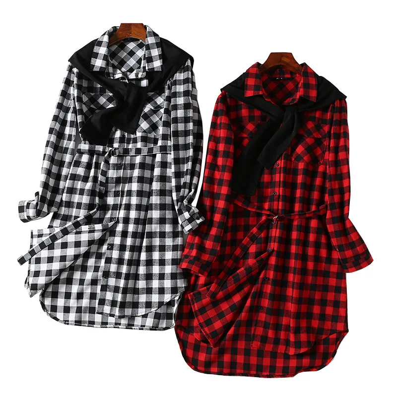 

One's Shawl Loose-Fit Slimming Mid-length Fold-down Collar Plaid Shirt Dress Women's Entity