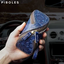 Double Zipper Key Wallet For Men Handmade Genuine Leather Smart Key Holder Housekeep Keys Bag Portable Coin Purse Organizer