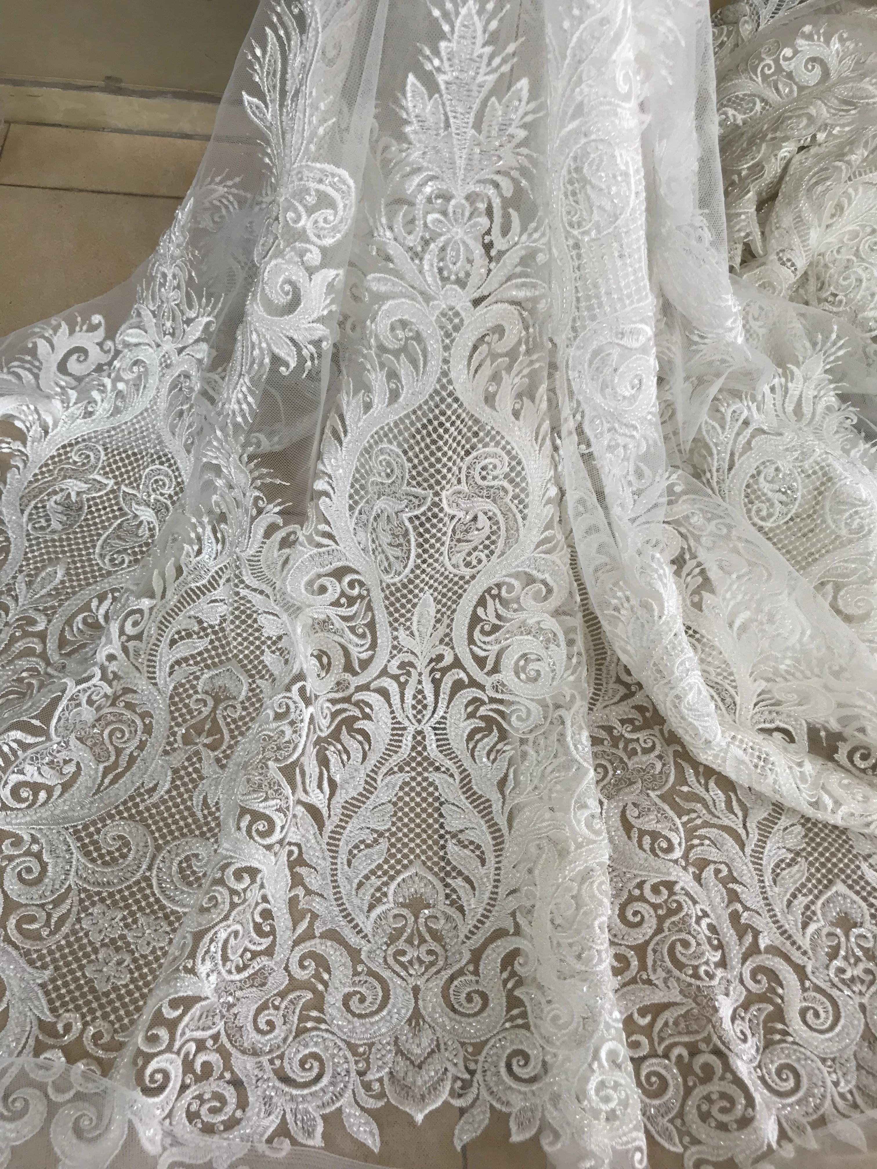 Bridal Tulle lace Fabric Embroidered Tulle Lace Fabric with beads for party  dress ZH-766816