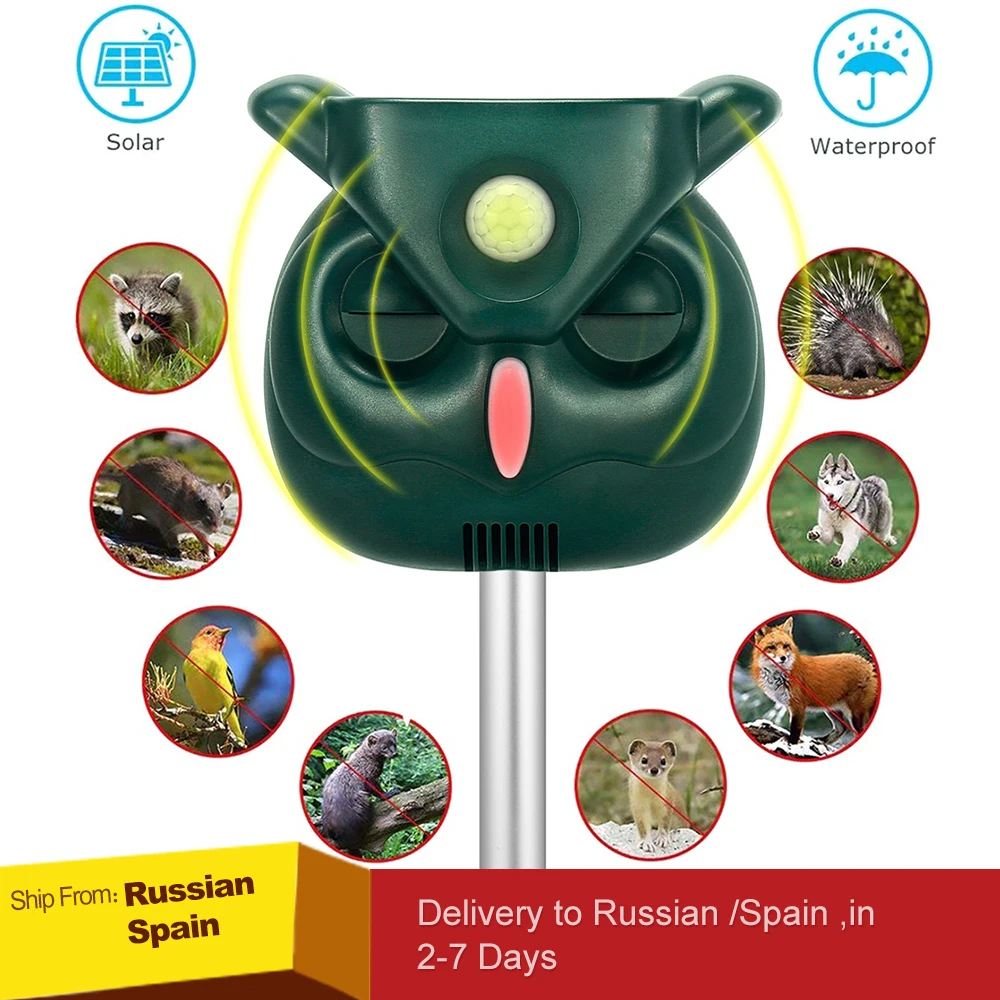 

Ultrasonic Animal Repeller, Solar Powered Waterproof Sound, PIR Sensor Flashing Light for Cats, Dogs, Squirrels, Moles, Rats