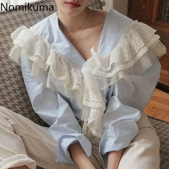 

Nomikuma 2020 Korean Lace Ruffle Patchwork Lady Blusas Spring V-neck Chic Long Sleeve Elegant Top Loose Shirt Women Blouse 6A097