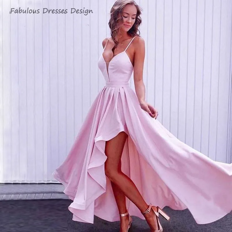 

Pink Spaghetti Strap Long Prom Dresses 2020 V Neck Split A Line Evening Dress Party For Women Charming Vestido De Festa