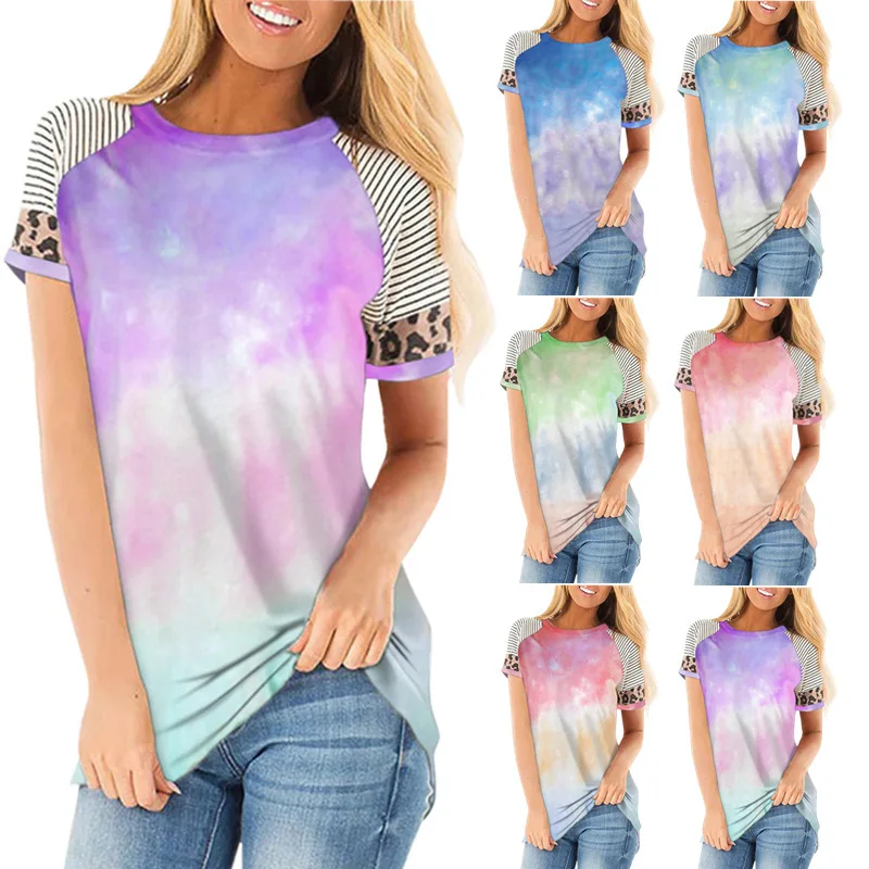 

2020 New Women's Amazon round Neck Tie-Dye Gradient Striped Leopard Splicing Short Sleeve T-shirt Women