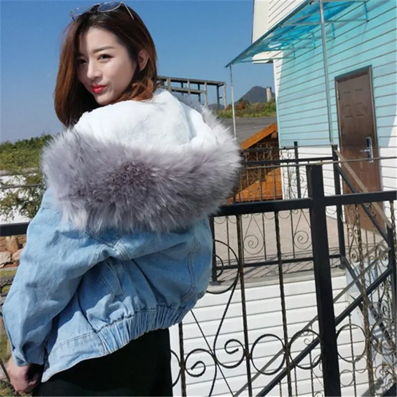 Ideal  2019 Winter Jacket Women Fur Hooded Wool Liner Denim Coat Fashion Female Coat Jeans Jacket