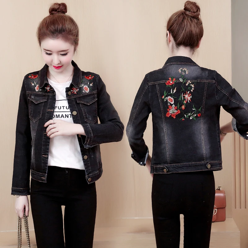 

Women Denim Jacket Real Jaquetas Feminino 2019 New Spring Autumn Female Long Sleeve Flower Embroidery Black Jeans Coat Plus Size