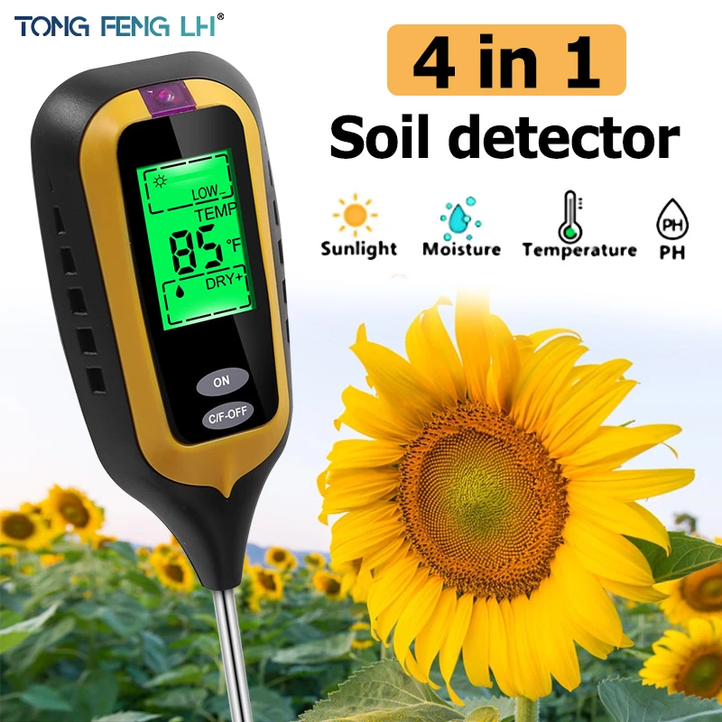 4 in1 Soil Moisture PH Meter Professional Digital Gardening Plant Farming Moisture PH Temperature Solar Sunlight Soil Tester