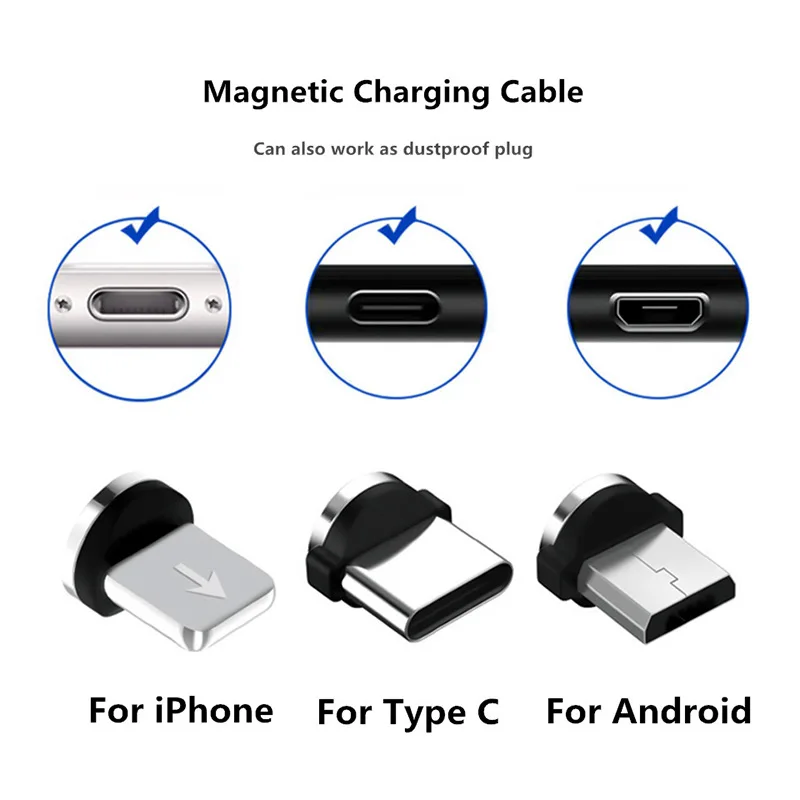 USLION 3 Pcs Magnetic Plug Magnetic Charging Cable Adapter 8 Pin Micro USB Type C Magnet Connector For iphone Xiaomi Sumsung