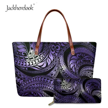 

Jackherelook Purple Tops Woman Handle Tops Zipper Storager Bags Female Enthic Polynesian Design 2pcs Shouler&Wallet Tote Bolsa