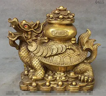 

China FengShui Copper Brass Wealth Treasure Bowl Dragon Turtle Tortoise Statue