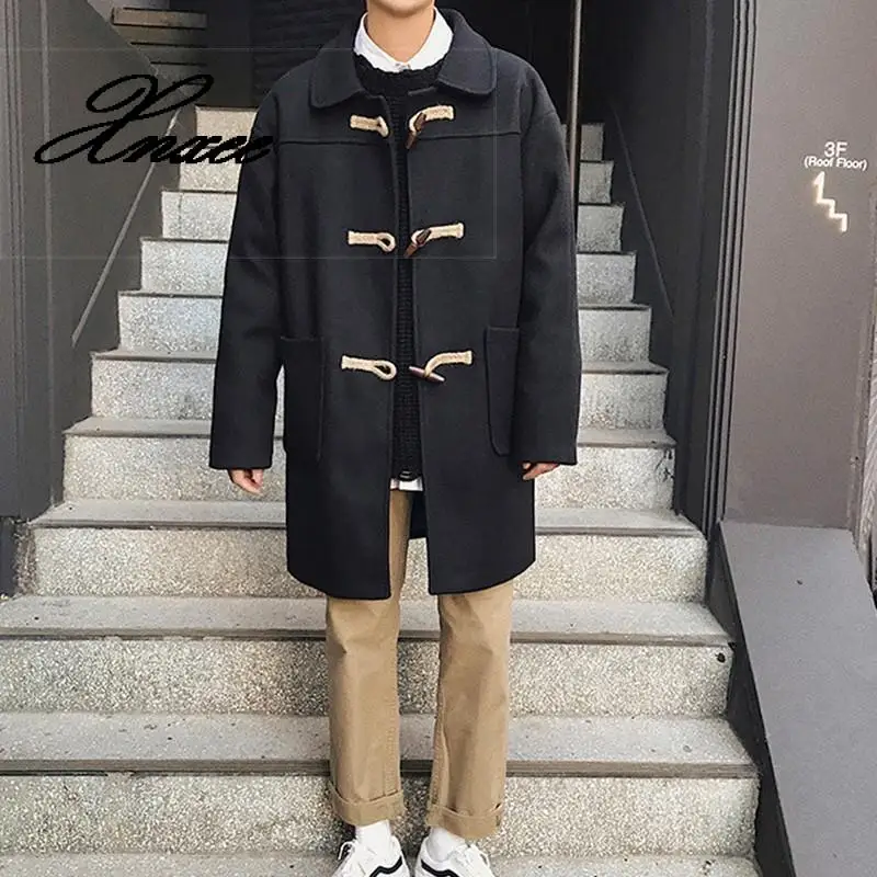 

Xnxee Mens Winter Horn Button Woollen Autumn Men's Overcoat Male Long Hooded Trench Thick Windbreaker Dust Hot Coat
