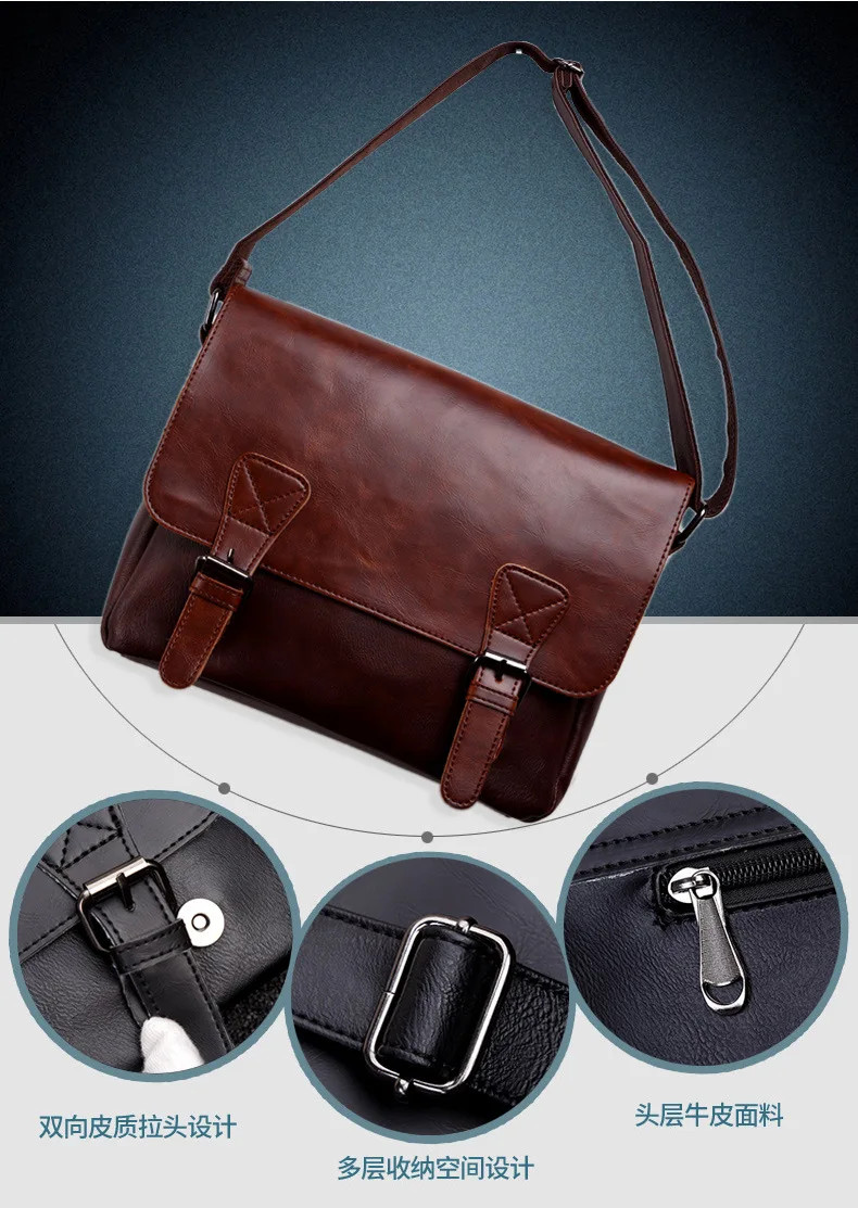 New Arrival Soft PU Leather Men Messenger Bag Casual 14'' Laptop Bag Teenager Solid Retro Fashion Bookbag