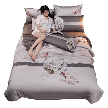 

New Chinese Style Embroidery Duvet Pillow Case Bedsheet Pure Cotton Bed Sheet And Quilt Set 1.8m double Naked Sleeping Bedding