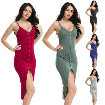 

2019 Summer Sleeveless V- Neck Slim Women Dress New Fashion Sexy Suspender Dress Backless Button Off Shoulder Female