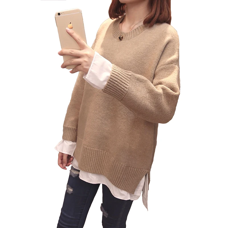 Плюс размер Лоскутные пуловеры, свитер женский осенний корейский Свободный поддельный 2 шт вязать топы над размером d Повседневный свитер уличная