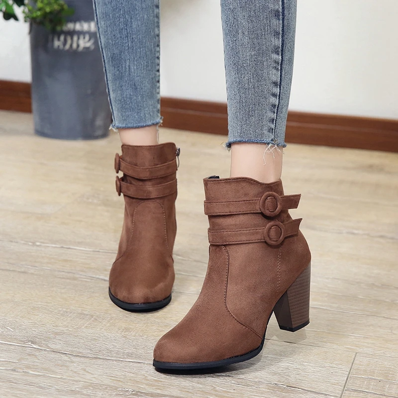 

Puimentiua Women Boots Autumn Winter Boots Classic Zipper Snow Ankle Boots Winter Flock Warm Women High Heel Shoes Plus Size
