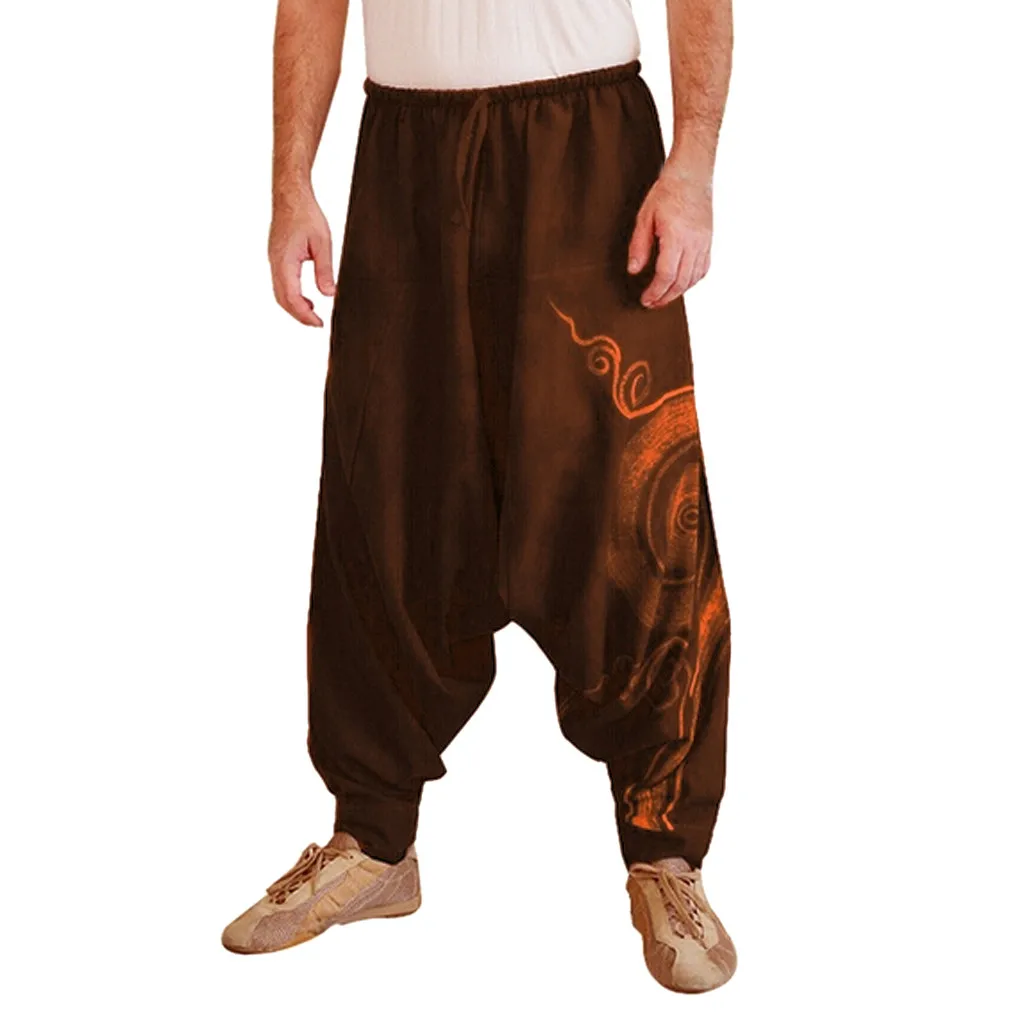 Spring Autumn Men Ethnic Printed Overalls Casual Pocket Sport Yoga Work Casual Elastic Waist Trouser Pants M0909