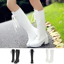

LIN KING Big Size 48 Retro Warm Plush Women Lace Up Long Boots Solid Winter Knee Hign Boots Slim Square Heel Lady Platform Boots