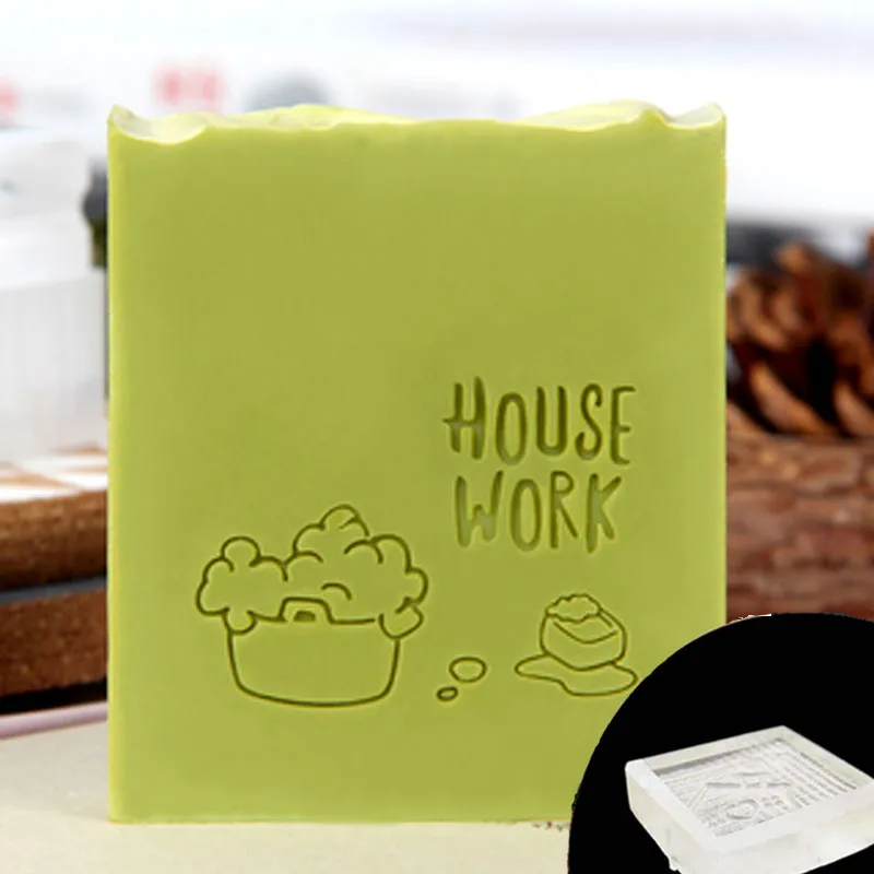 Transparent Acrylic Soap Stamp for Handmade DIY, House Work Pattern, Home Cleaning, Natural Seal with Handle, Chapters