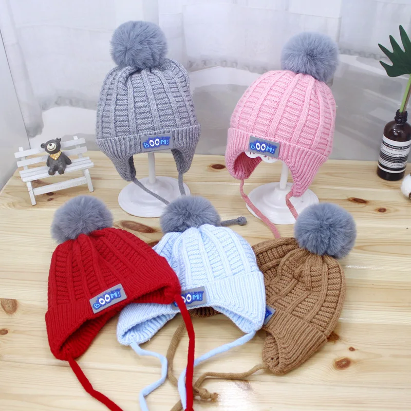 Мягкая вязаная шапочка для малыша, милая одноцветная детская шапка для девочек и мальчиков, зимняя теплая детская шапка с помпоном, одноцветная шапочка для малышей, шапочки
