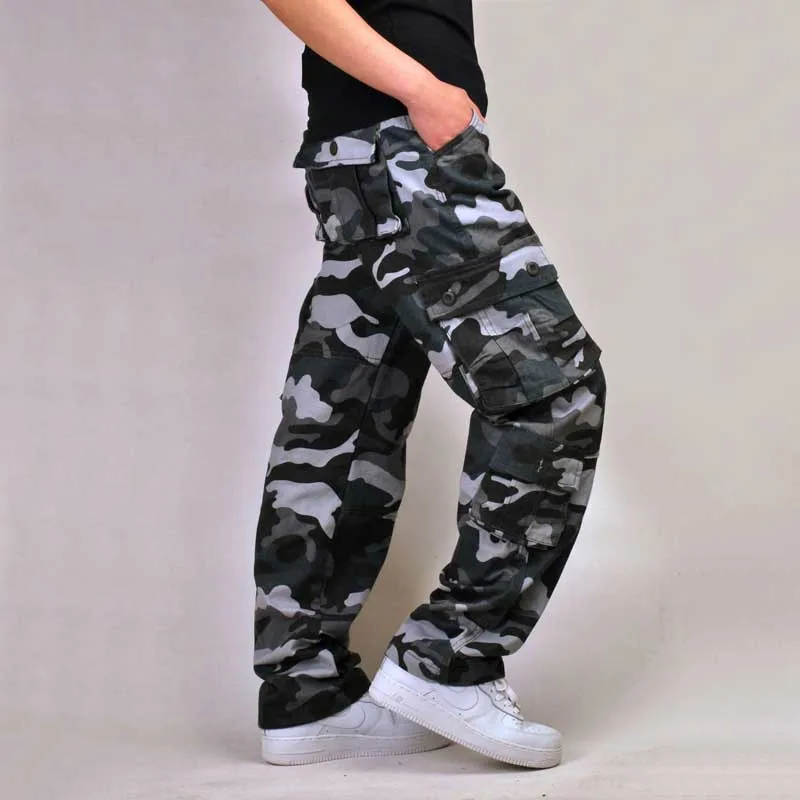 Blue Camouflage Мужские брюки-карго в стиле милитари, хлопковые Свободные мешковатые штаны-шаровары в стиле хип-хоп, камуфляжная верхняя одежда, армейские тактические брюки, широкие штаны для бега - Цвет: Blue Camouflage
