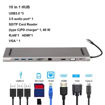 

11 in 1 USB C HUB to USB3.0 TF SD reader HDMI VGA RJ45 3.5 audio Mini DP Docking for MacBook Pro USB-C Type C 11 Port USB C HUB