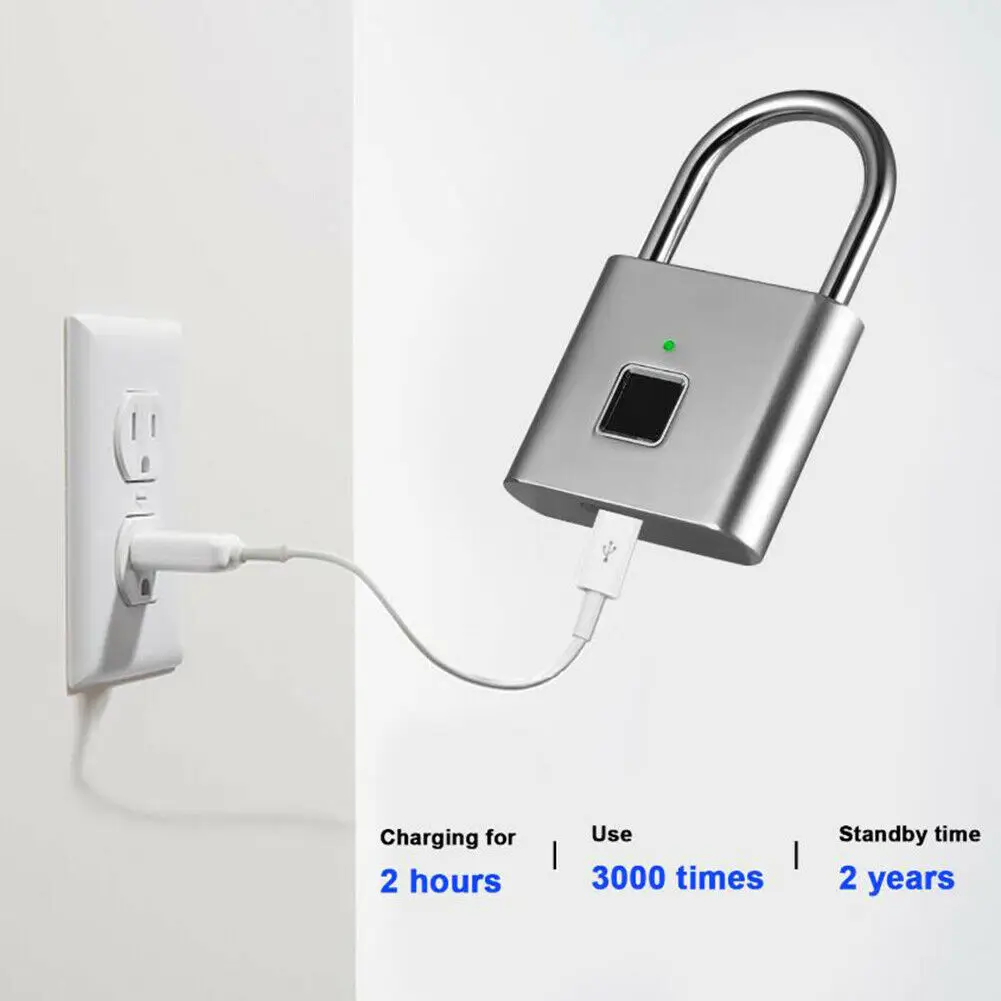 USB Перезаряжаемый дверной замок с отпечатком пальца, умный замок с отпечатком пальца, быстрая разблокировка, подвесной замок из нержавеющей стали