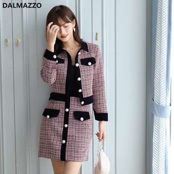 

Wool Tweed Plaid 2 Piece Sets 2020 Spring Autumn Designer Women Single-breasted Short Jacket Coat + Buttocks Half Skirt Suits XL