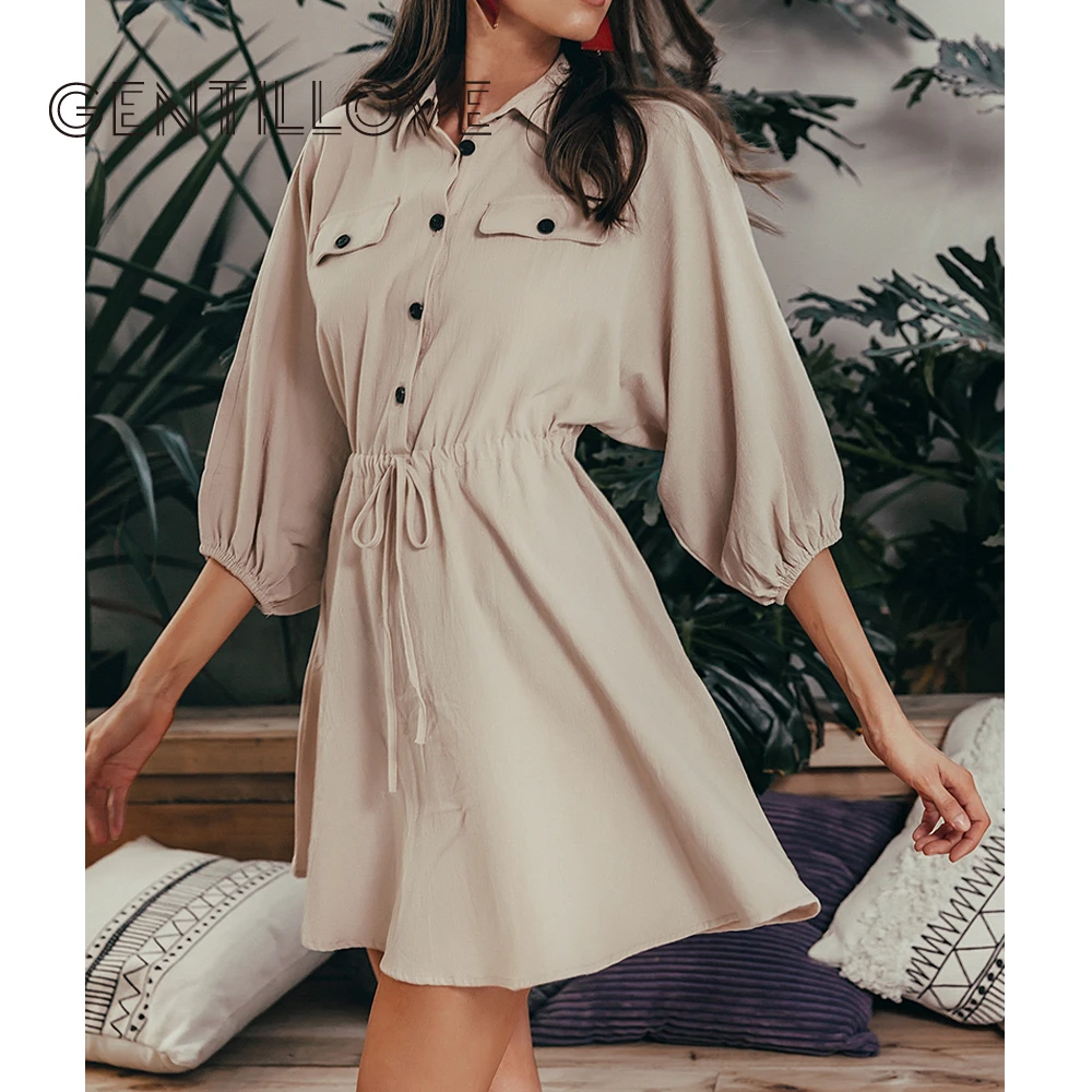 

Elegant Linen Short Shirt Dress Women Long Sleeve Cotton Dress Buttons Female Vestidos Vintage Summer Autumn Dresses Casual 2019