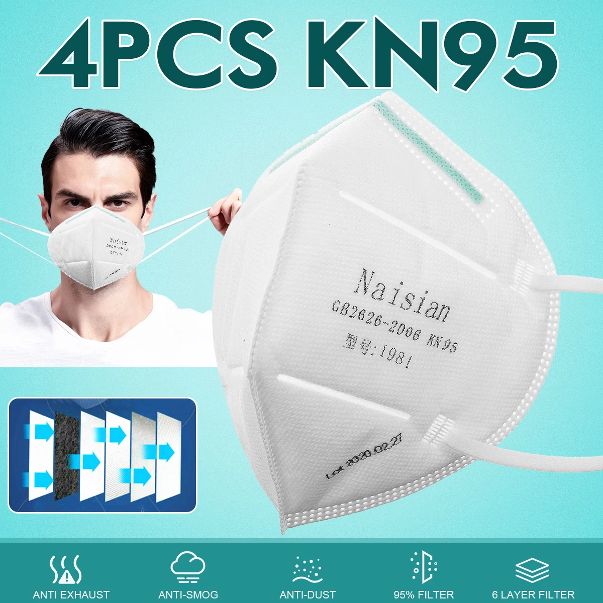 

4Pcs N95 Face Mask Ear Loop Type Anti Dust Proof KN95 PM2.5 Prevention Bacteria Dust Fog Haze 3 Layers Protective FFP3