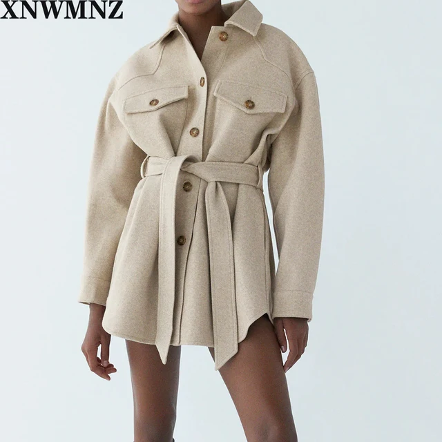 XNWMNZ Za Women 2020 Fashion With Belt Loose Woolen Jacket Coat Vintage Long Sleeve Side Pockets Female Outerwear Chic Overcoat 1