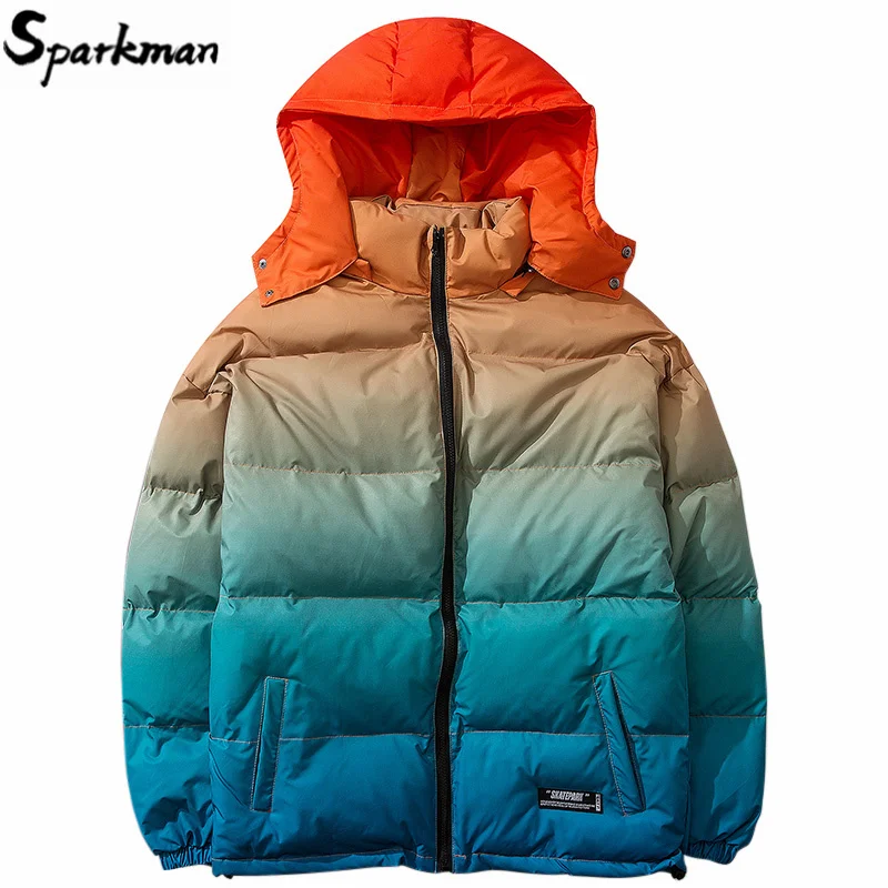 

Men Hip Hop Hooded Jacket Winter 2019 Streetwear Gradient Color Padded Parka Harajuku Trench Coat Windbreaker Outwear Oversize