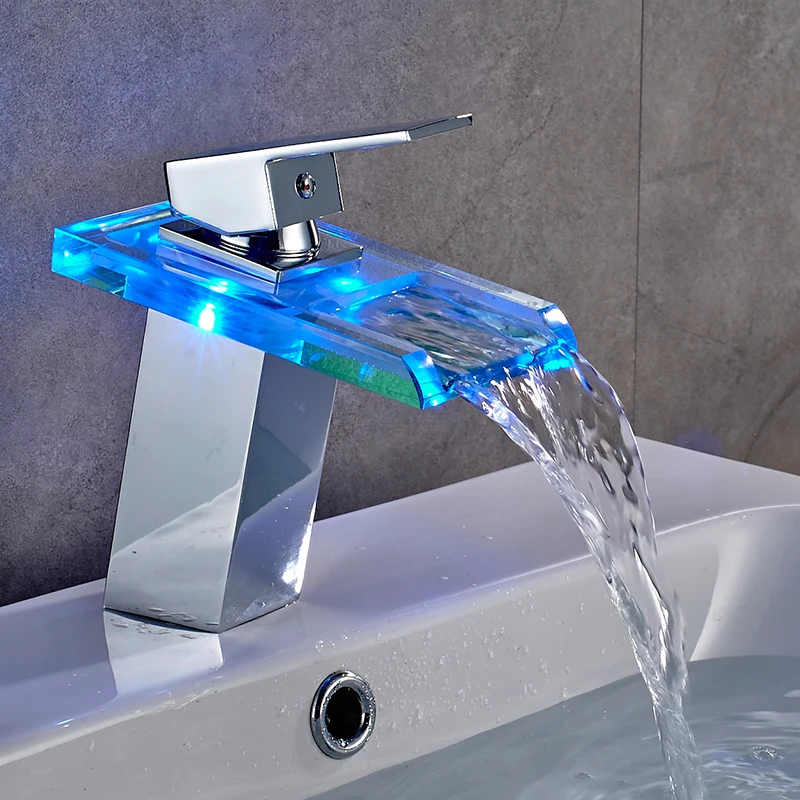 ROVOGO смеситель для ванной комнаты со светодиодной подсветкой водопад латунный кран для раковины холодный горячий смеситель кран на бортике смеситель для раковины кран