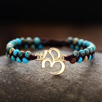 Gold OM Charm Bracelets Amazonite String Braided Bracelets Yoga Friendship Lover Couples Meditation Bracelets