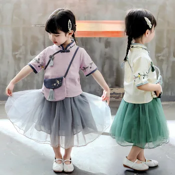 

Chinese style kids girl's clothes summer outfit sets jacket skirt bag suit for toddler girls retro clothing baby birthday sets