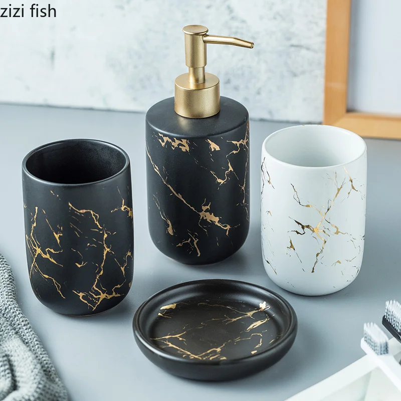 Nordic Matte Gold Ceramics Bathroom Accessories Set Soap Dispenser/Toothbrush Holder/Tumbler/Soap Dish luxurious Washing Set Bathroom Accessories Set