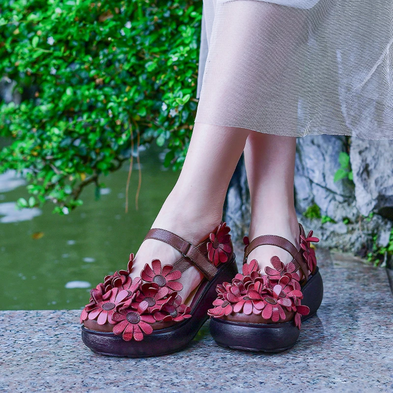 

Anance Original Handmade Leather Women's Shoes Sandals Thick-soled Slope With Flowers Ethnic Literary Personality Casual