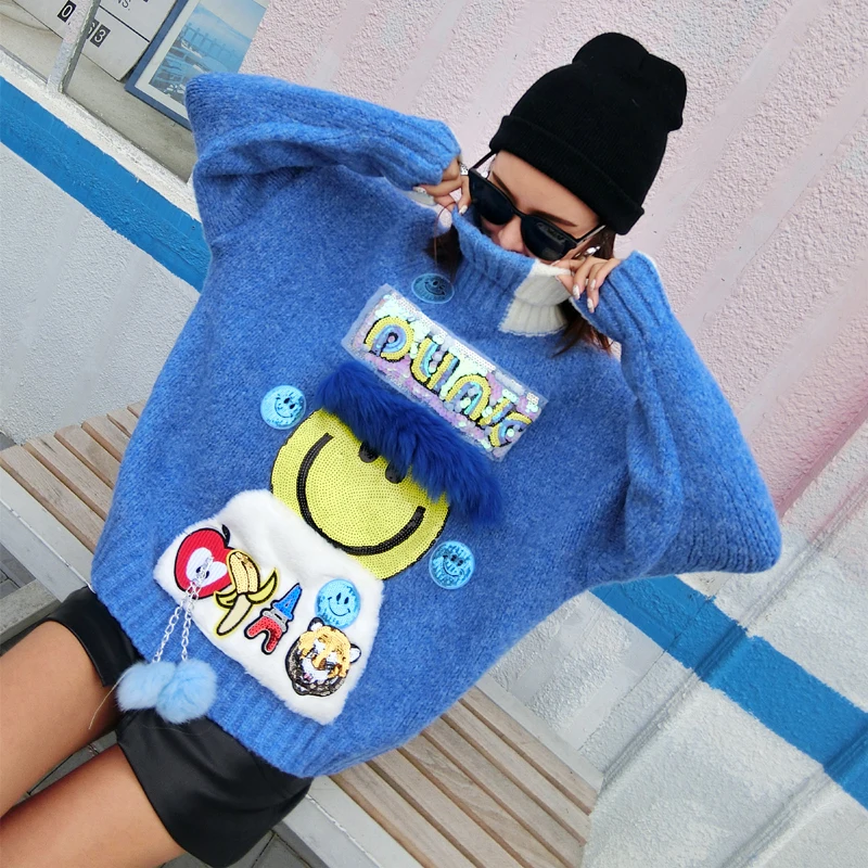 ^*Best Offers Thailand Tide brand 2019 autumn and winter new cartoon print stitching three-dimensional fur high collar loose sweater women