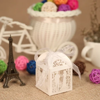 

New 50pcs Delicate Mini DIY Candy Cookie Gift Boxes Carved Pattern with Ribbon Party Wedding Banquet Bridal Supplies