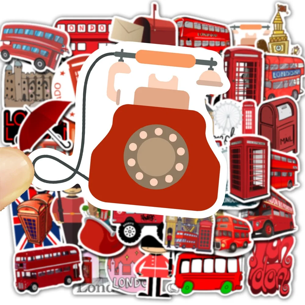 50pcs/Pack Waterproof PVC Cartoon Red London Bus Stickers Skateboard Travel Suitcase Bicycle Motorcycle Guita Sticker Kids Toys